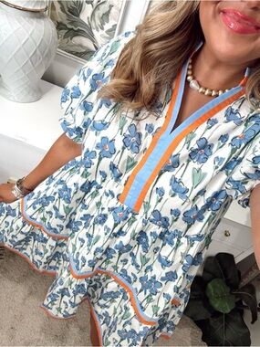 entro White Floral V-Neck Tunic with Blue and Orange Trim